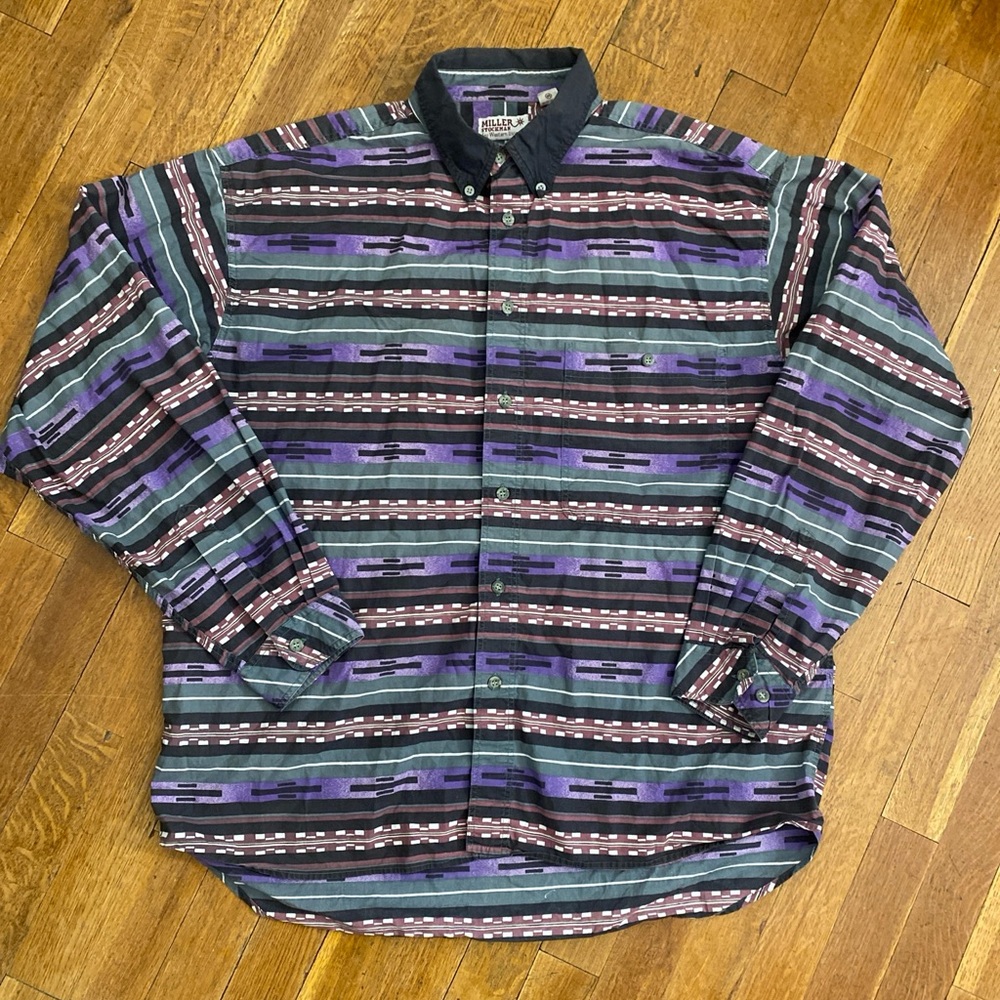 MILLER STOCKMAN Vtg 90s Purple Aztec Southwest Aztec Lind Sleeve Shirt Men's M